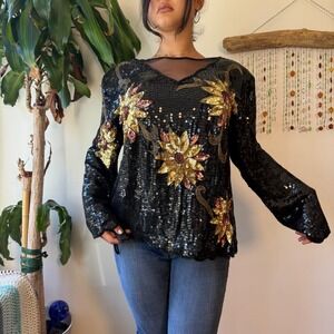August Max Woman Vintage 90s Silk Beaded Sequin Floral Blouse Whimsigoth 3X